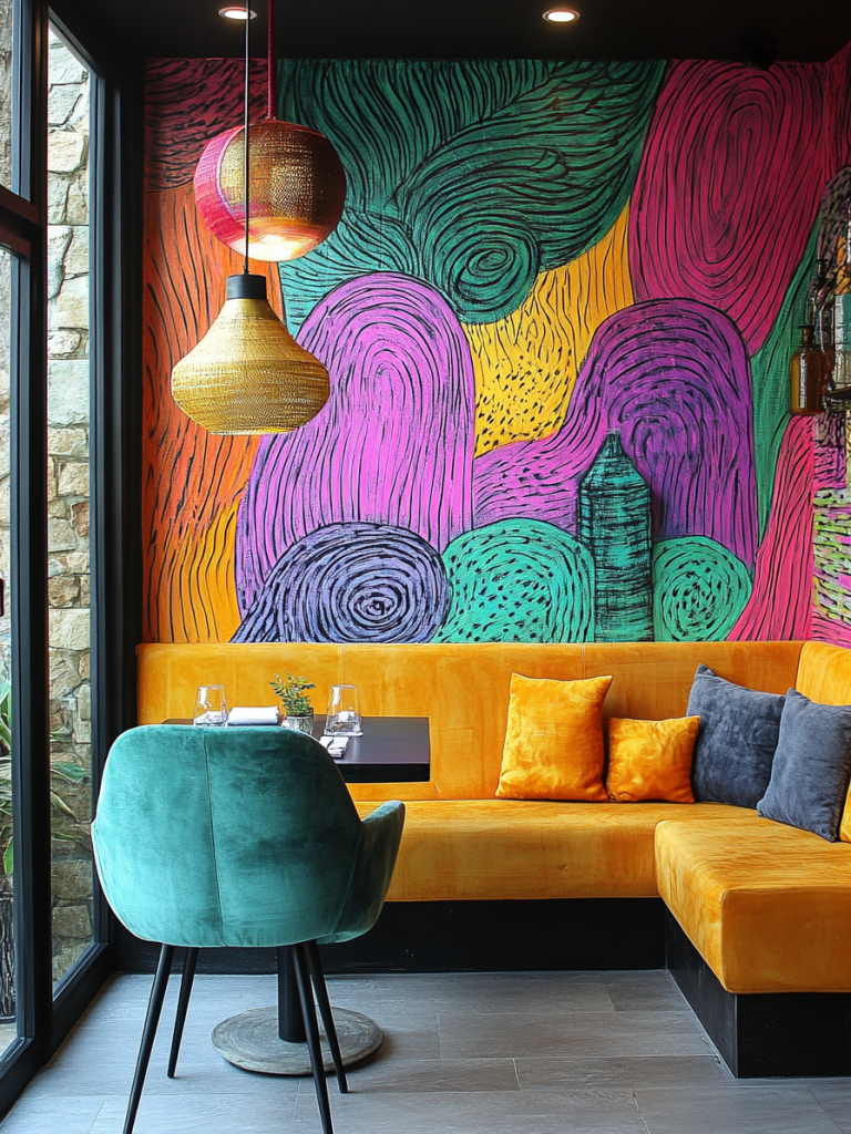 Photo collage of a hotel corridor with patterned dark blue carpet that has been applied up the walls in place of traditional skirting. One w