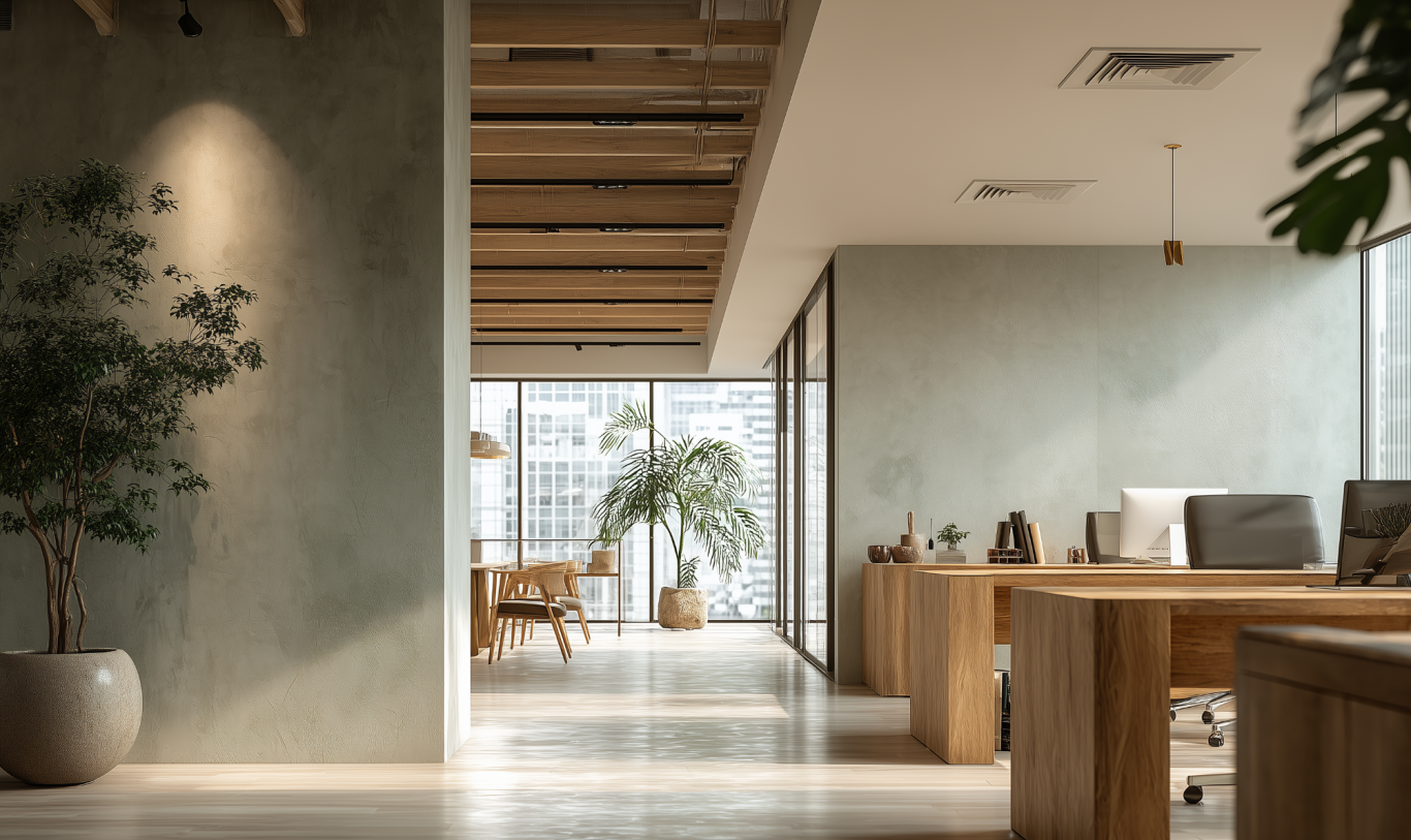 Photo collage of a hotel corridor with patterned dark blue carpet that has been applied up the walls in place of traditional skirting. One w