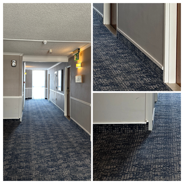 Photo collage of a hotel corridor with patterned dark blue carpet that has been applied up the walls in place of traditional skirting. One w