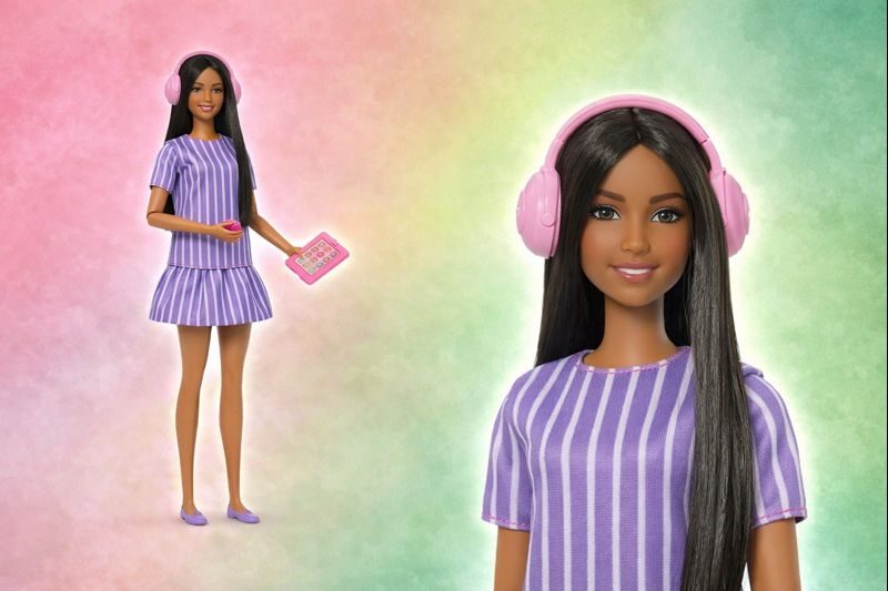 Photo collage of a hotel corridor with patterned dark blue carpet that has been applied up the walls in place of traditional skirting. One w